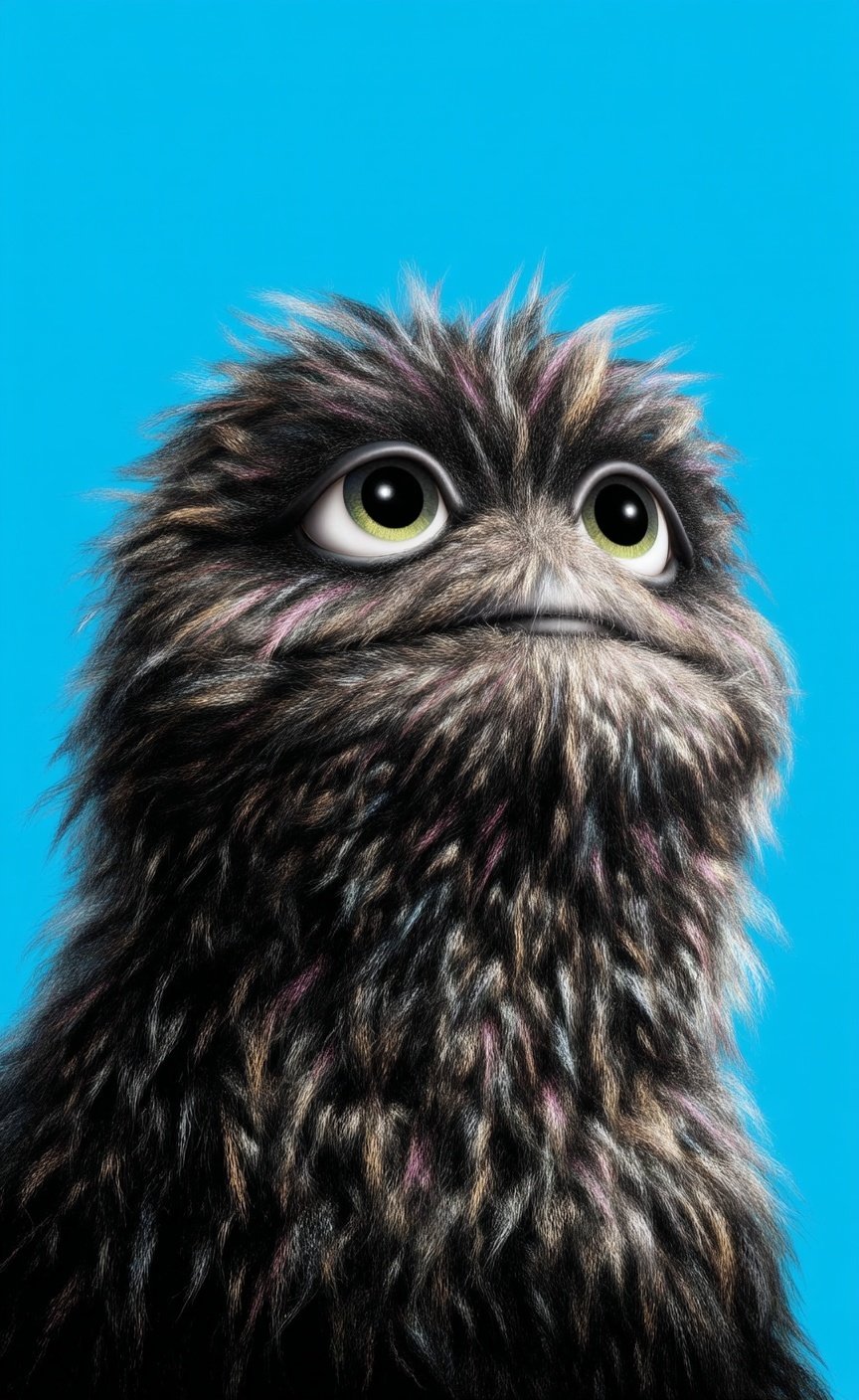 Furry creature with large green eyes and pink-streaked fur looking upward against a solid blue backdrop.