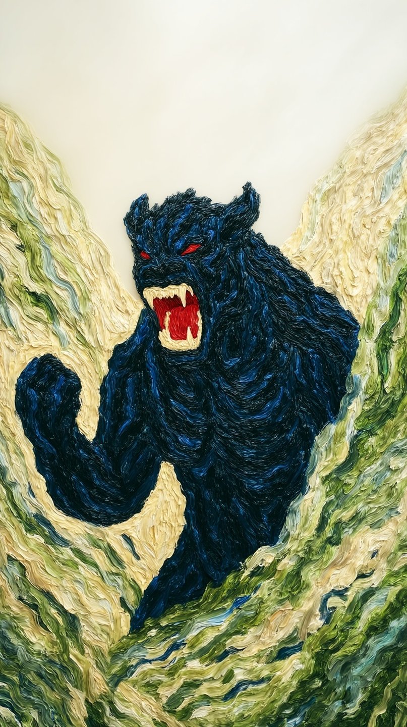 Textured impasto painting of a blue muscular beast with red eyes roaring amidst swirling green waves.
