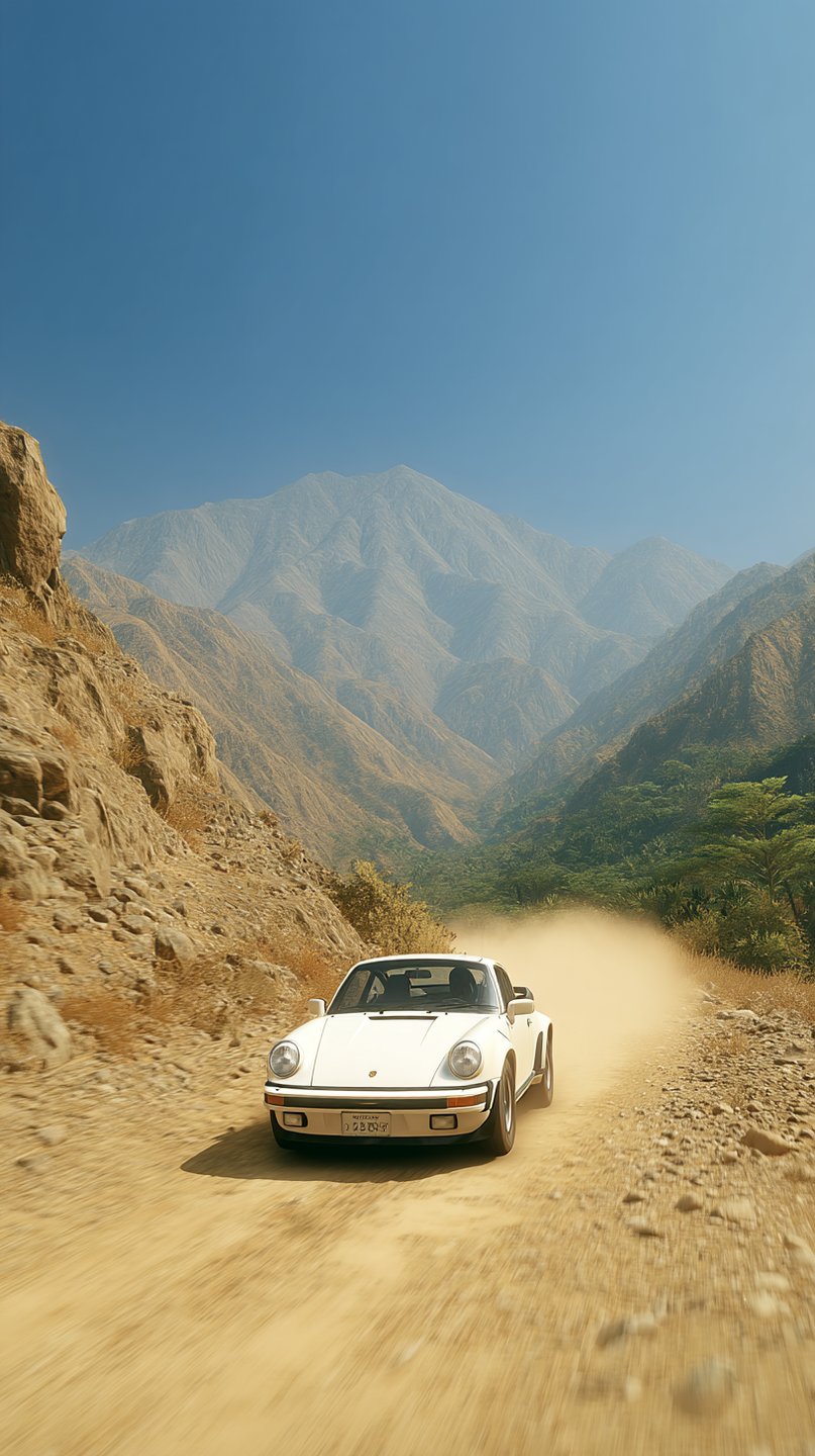 White vintage Porsche 911 driving fast on dirt road kicking up dust against blue mountain backdrop