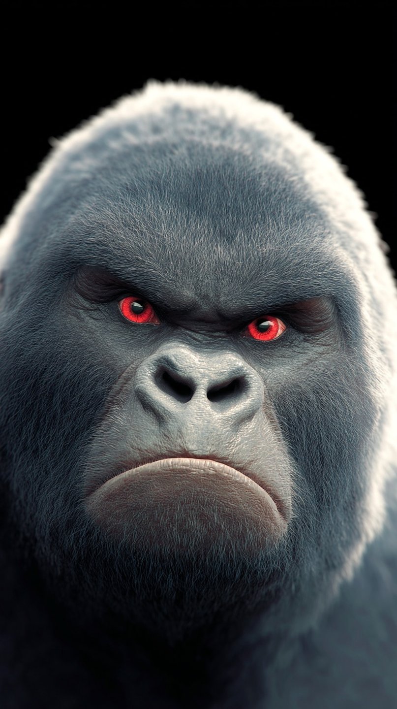 Close-up portrait of a powerful gorilla with glowing red eyes and detailed grey fur against black background.