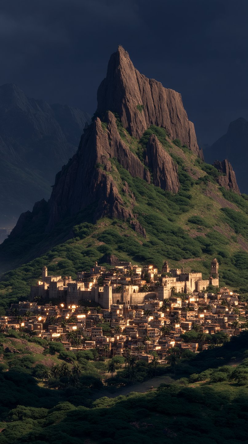 Fortified ancient city nestled at the base of a massive jagged mountain peak under a dark moody sky.
