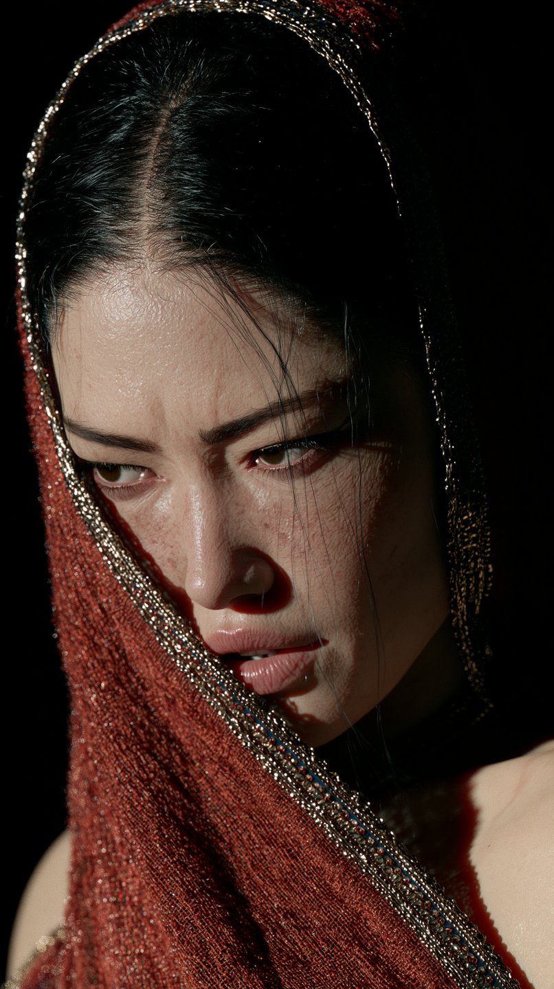 Close-up portrait of a freckled woman wearing a textured red veil with gold trim under dramatic chiaroscuro lighting.