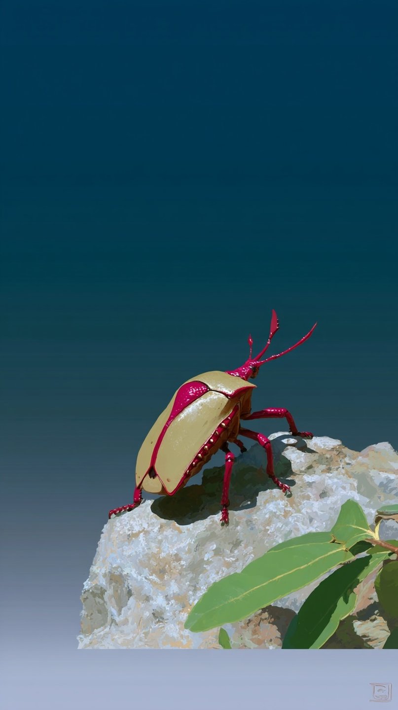 A vibrant magenta and cream beetle stands atop a grey rock against a solid teal background.
