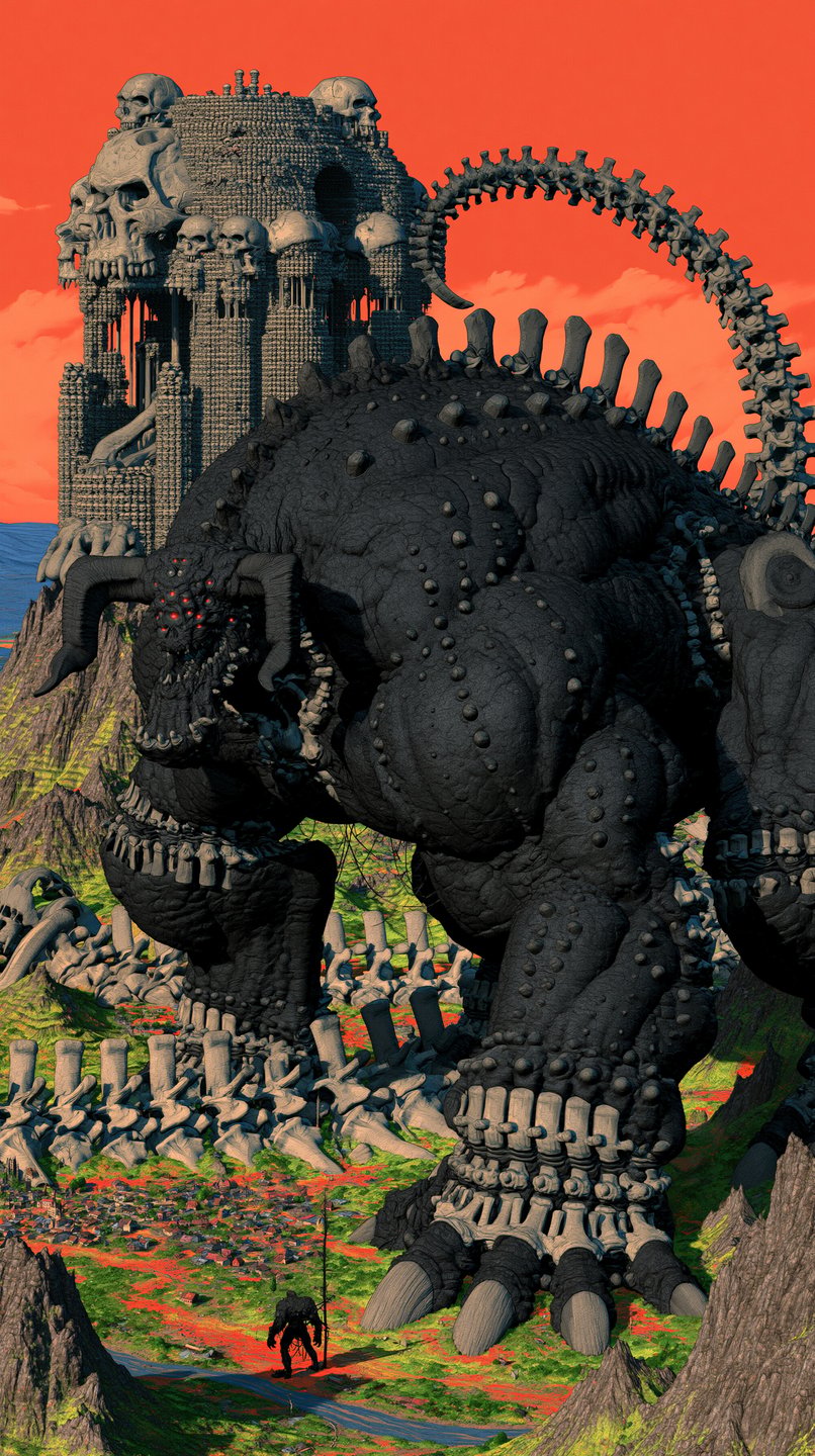 Colossal black horned beast stands amidst giant skeletal remains and towering skull fortresses under a red sky.