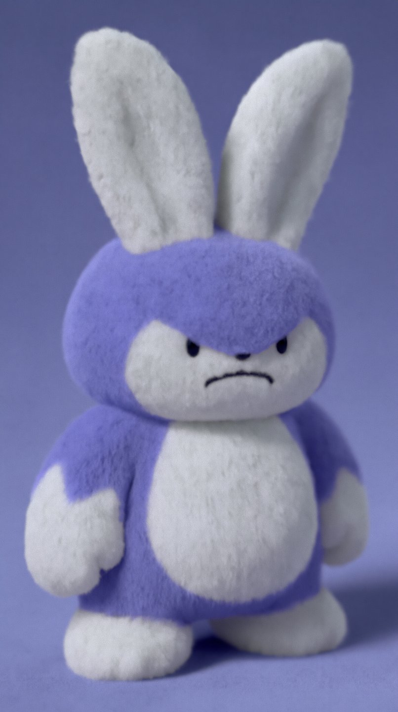 A purple and white flocked plush rabbit toy with an angry expression stands against a purple background.