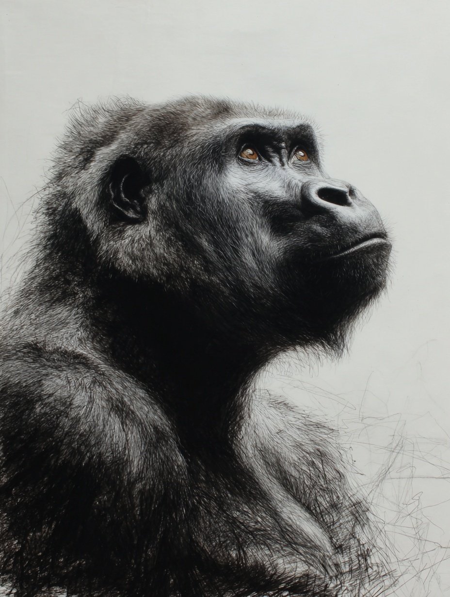 Detailed charcoal drawing of a gorilla looking upward with amber eyes against a plain white background.
