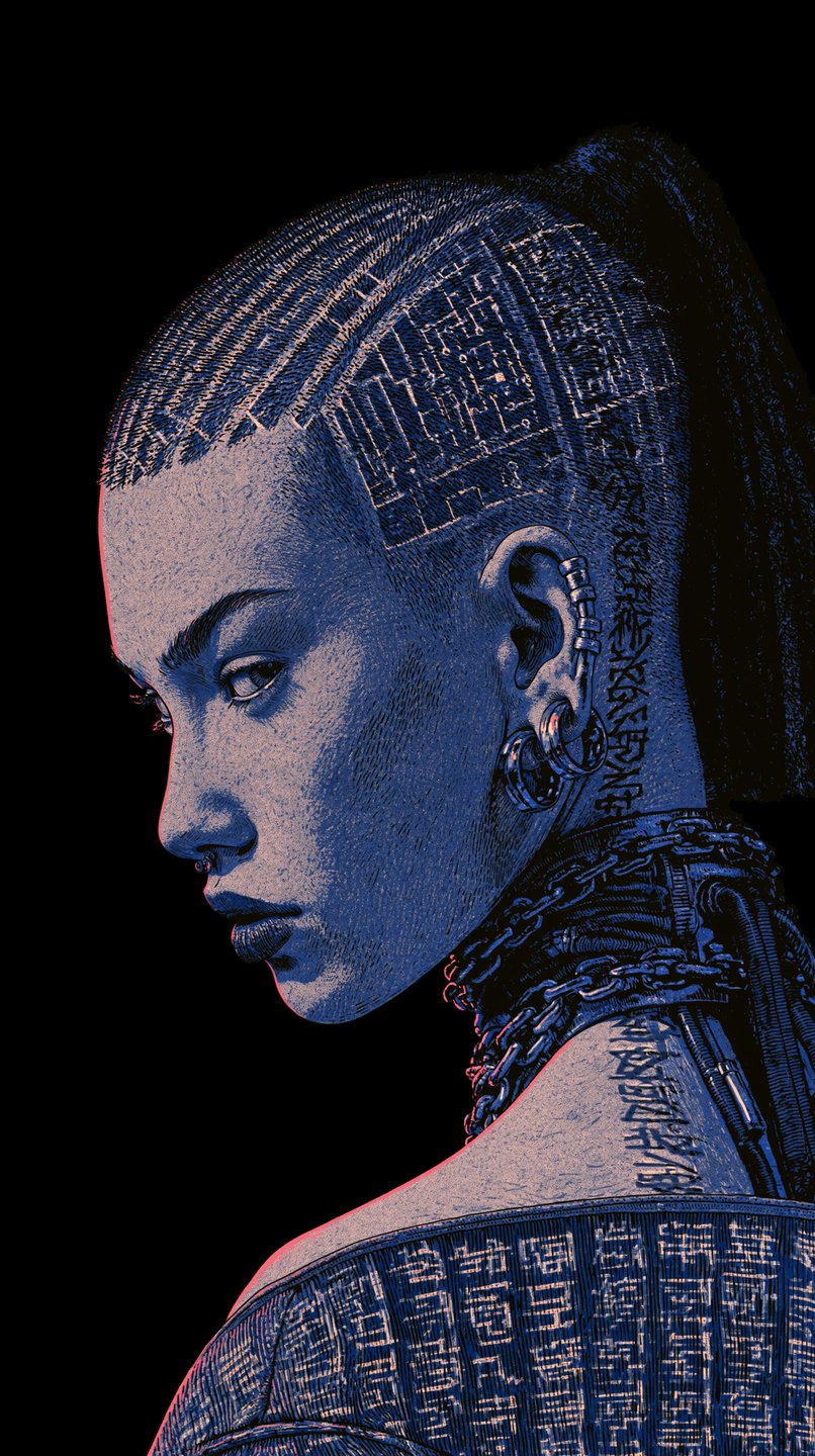 Profile of a cyberpunk woman with circuit patterns shaved into her hair, wearing heavy neck chains.