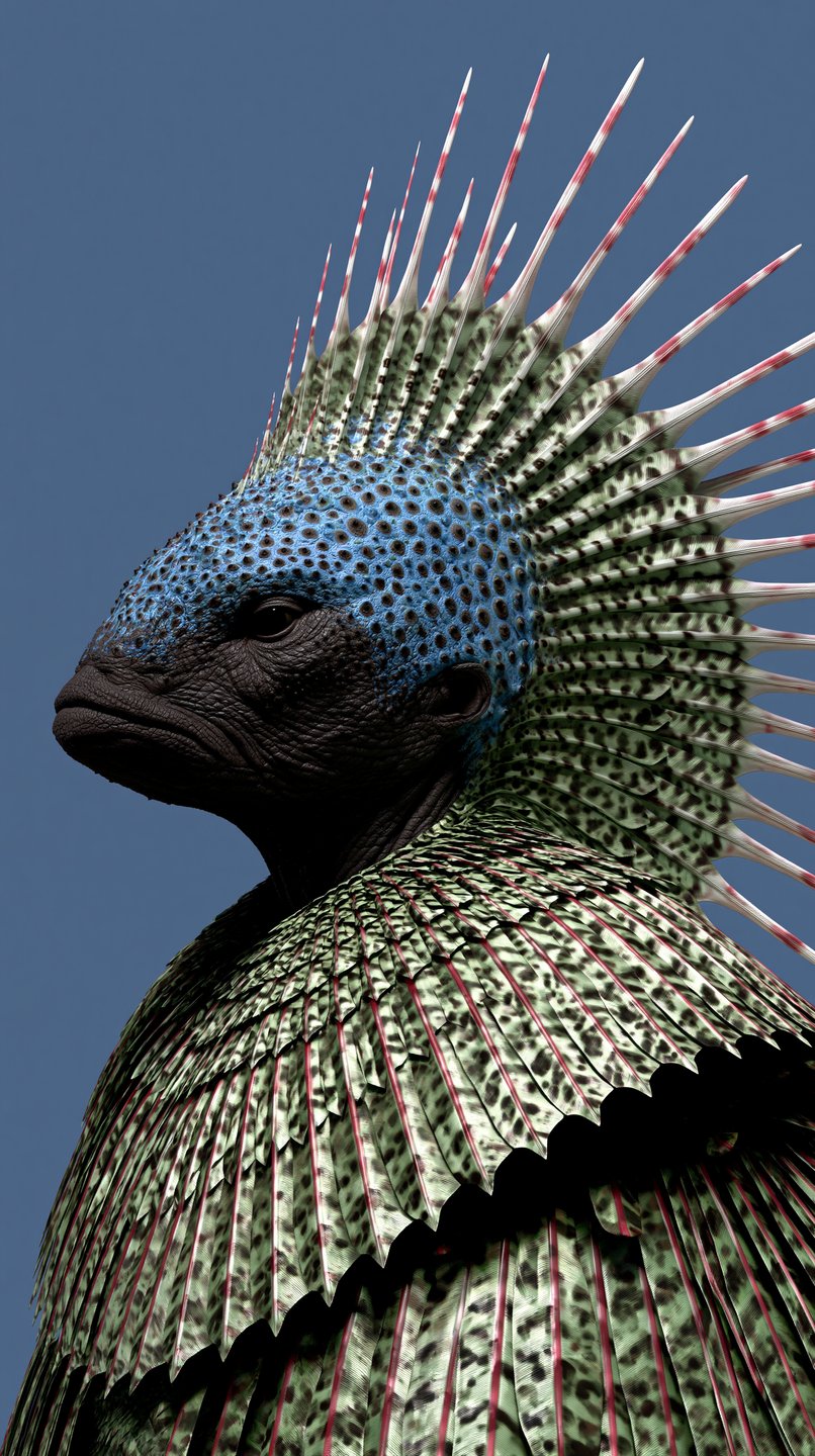Profile of a crested reptilian creature with blue spotted skin and green patterned feathers against blue sky.