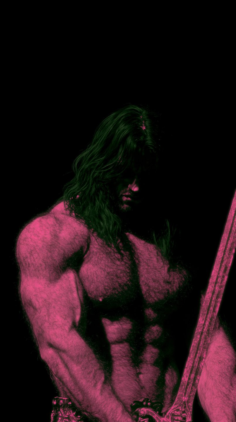 Muscular long-haired barbarian warrior holding a sword in high-contrast pink and black duotone lighting.