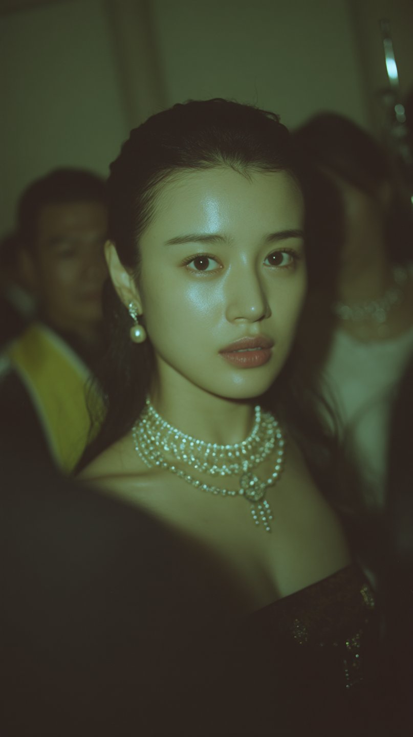 Young East Asian woman wearing a multi-strand pearl necklace and earrings in a cinematic green-toned editorial portrait.