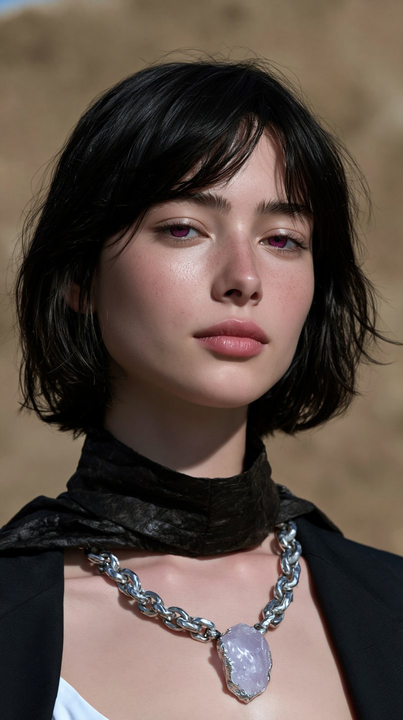 Young woman with violet eyes and dark bob hair wearing a large amethyst pendant in desert light.