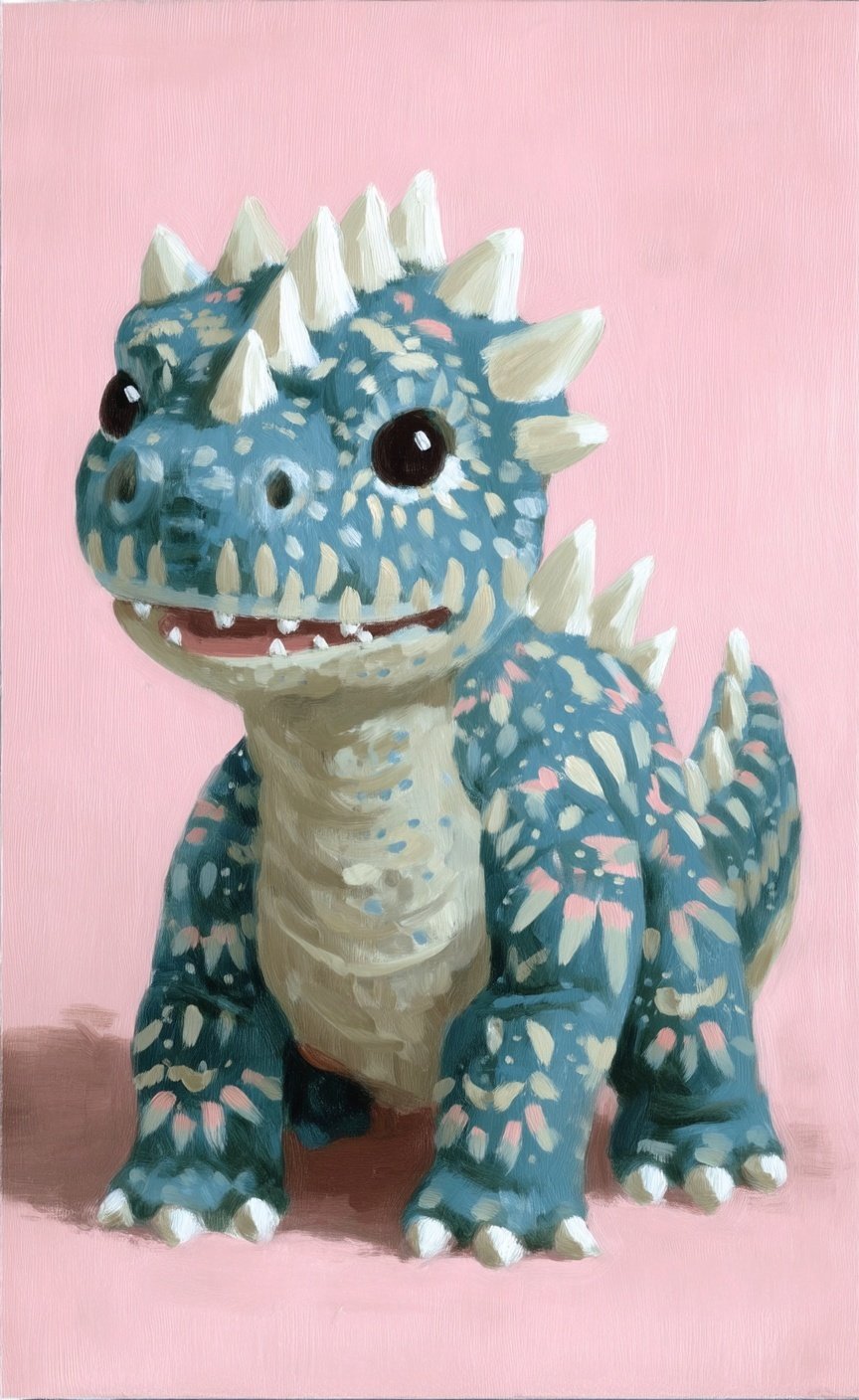 Stylized blue dinosaur with white spikes and large dark eyes painted in impasto style on pink background.