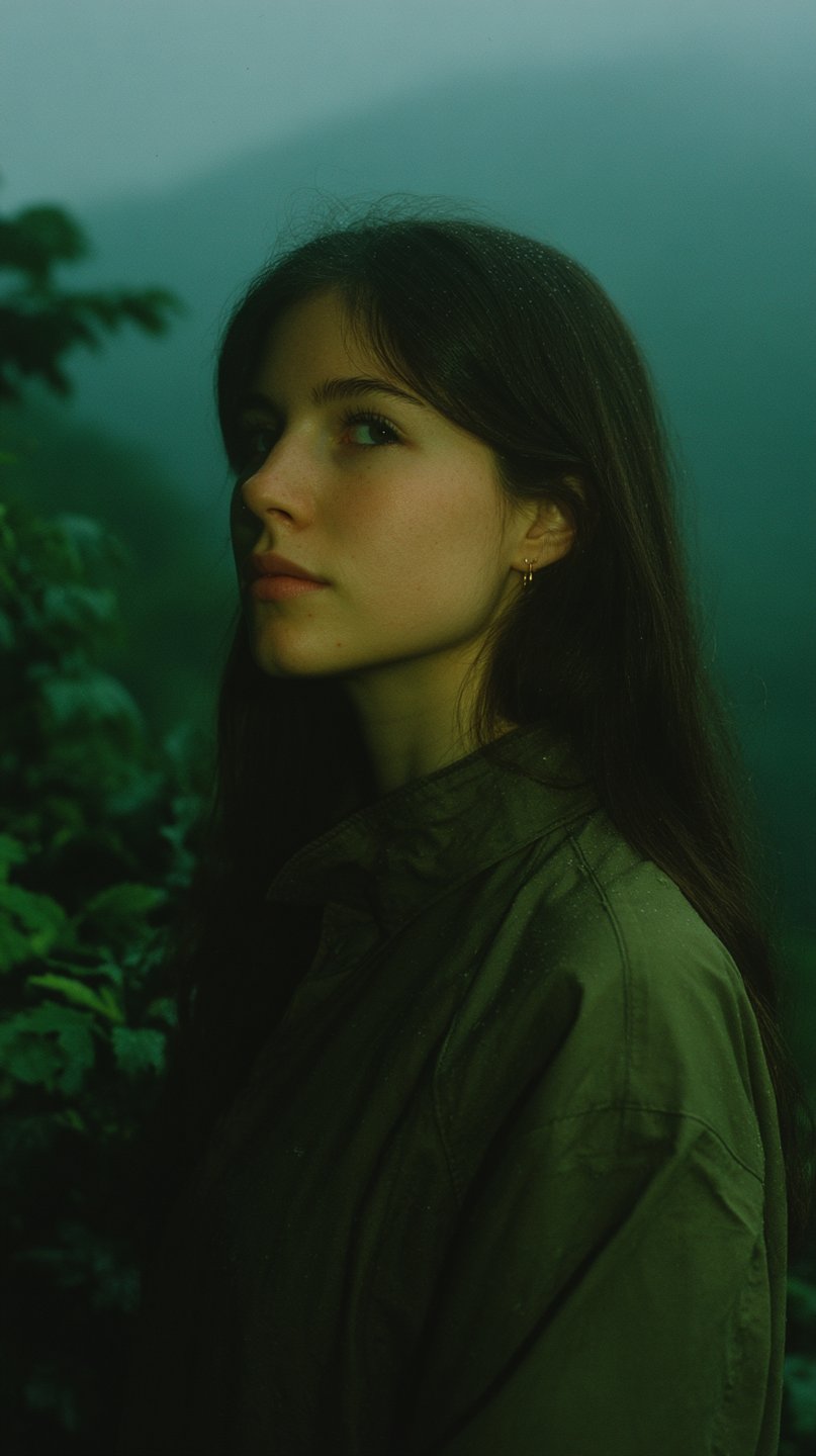 Young woman with long dark hair gazes thoughtfully in a misty, green-tinted forest at dusk.
