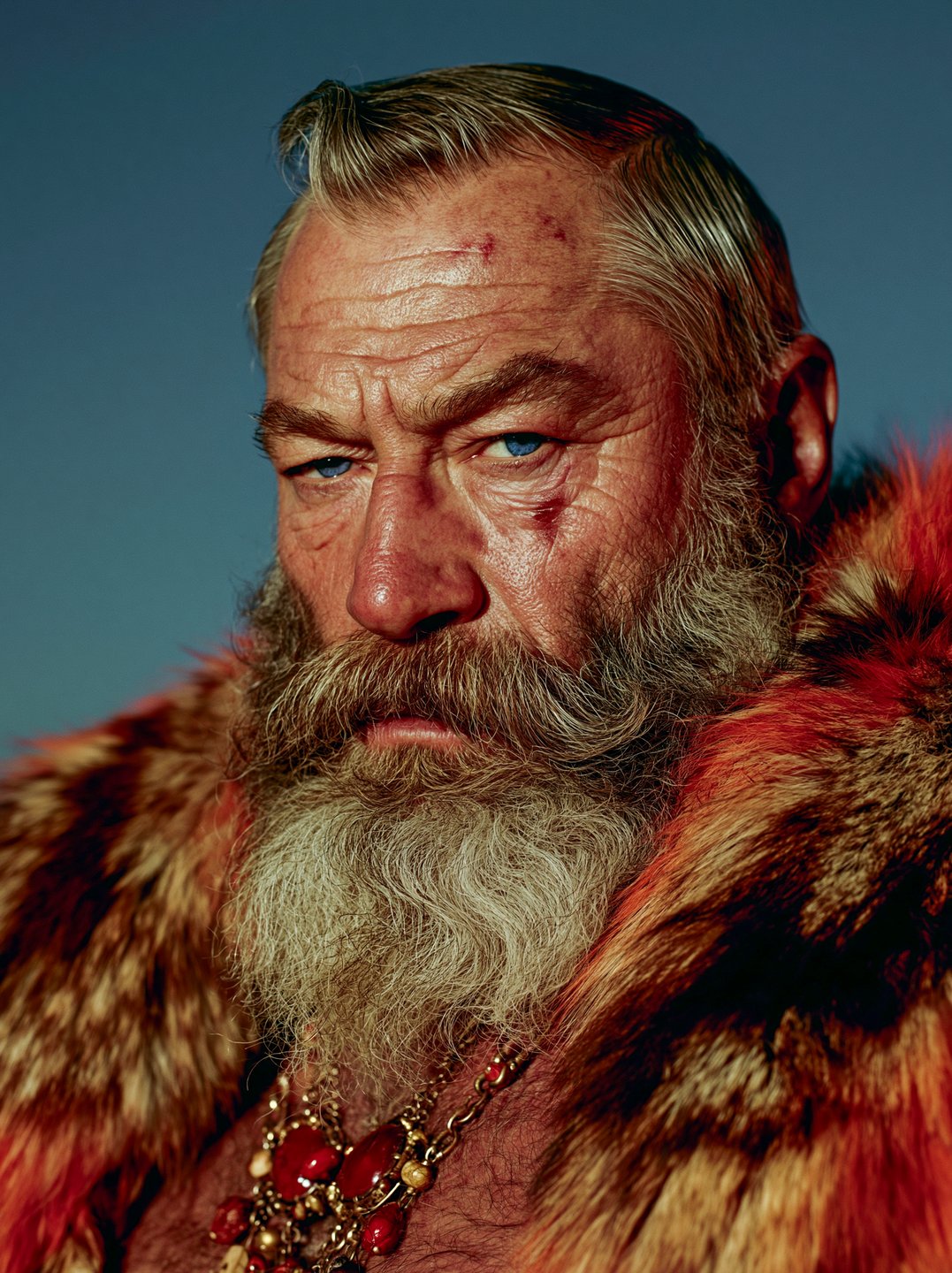 Close-up portrait of a weathered older man with a full grey beard, facial scars, and red fur mantle.