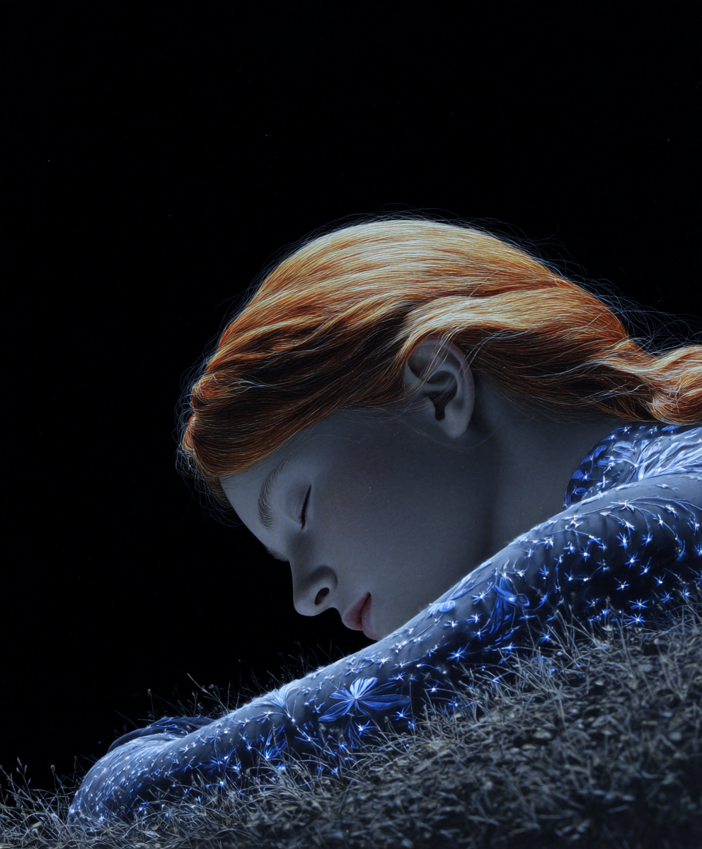 Profile of a red-haired woman sleeping on dry grass wearing a garment with glowing blue star patterns.