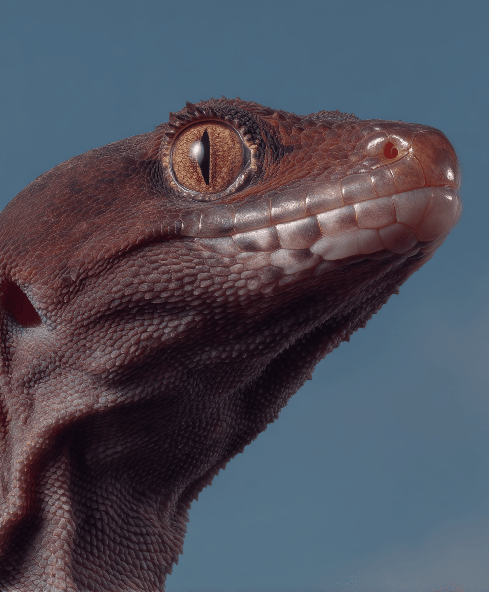 Macro side profile of a dark red gecko with a golden eye and pearlescent jaw scales.