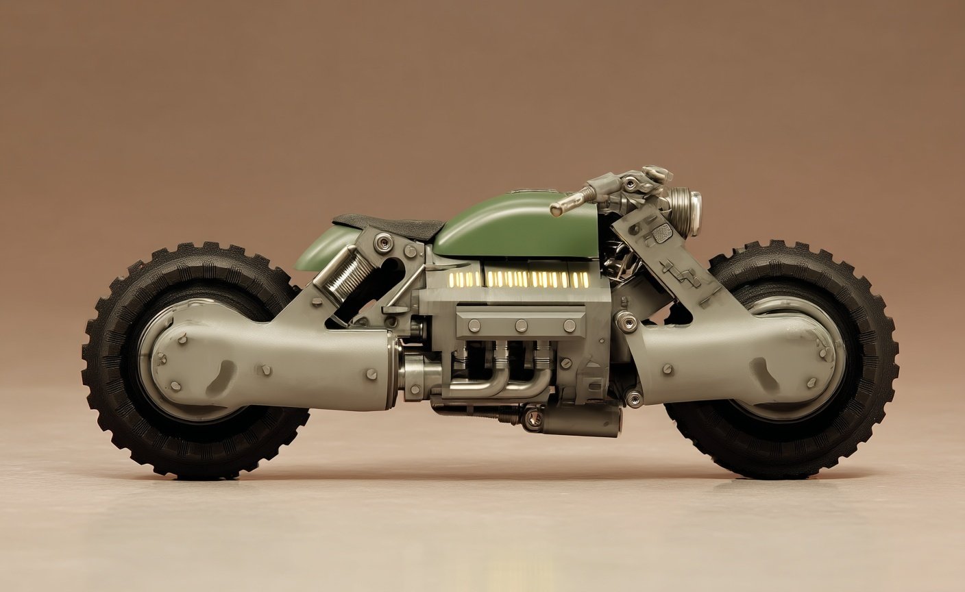 Profile view of a futuristic olive green motorcycle with heavy knobby tires and exposed mechanical engine components.