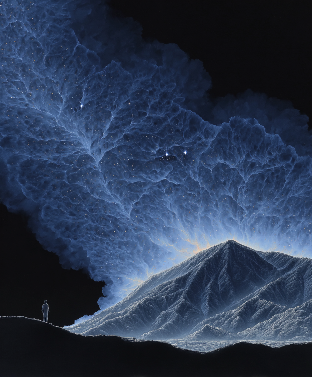 Lone silhouette stands on a dark ridge facing a massive, glowing blue fractal nebula above a mountain.