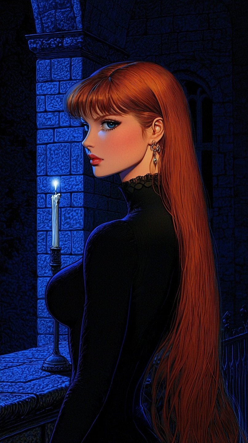 Red-haired woman in black turtleneck glances backward in blue-lit stone corridor next to burning candle
