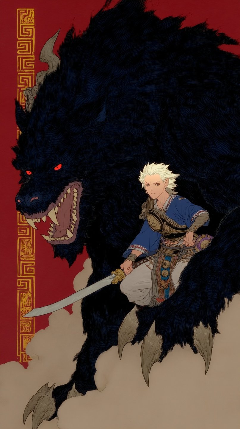 Young elven warrior with a sword stands before a giant black fanged beast on a red background.