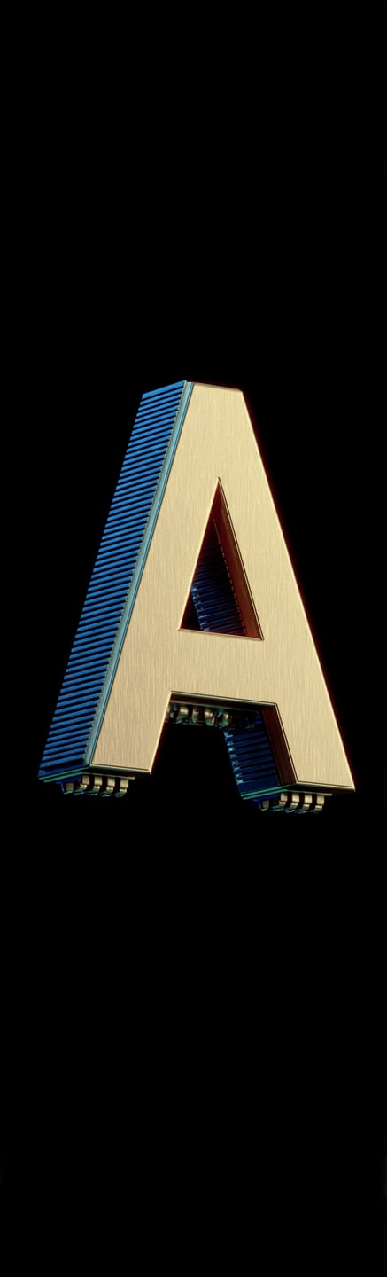 A 3D capital letter A with a brushed gold surface and blue industrial heat-sink sides on black.