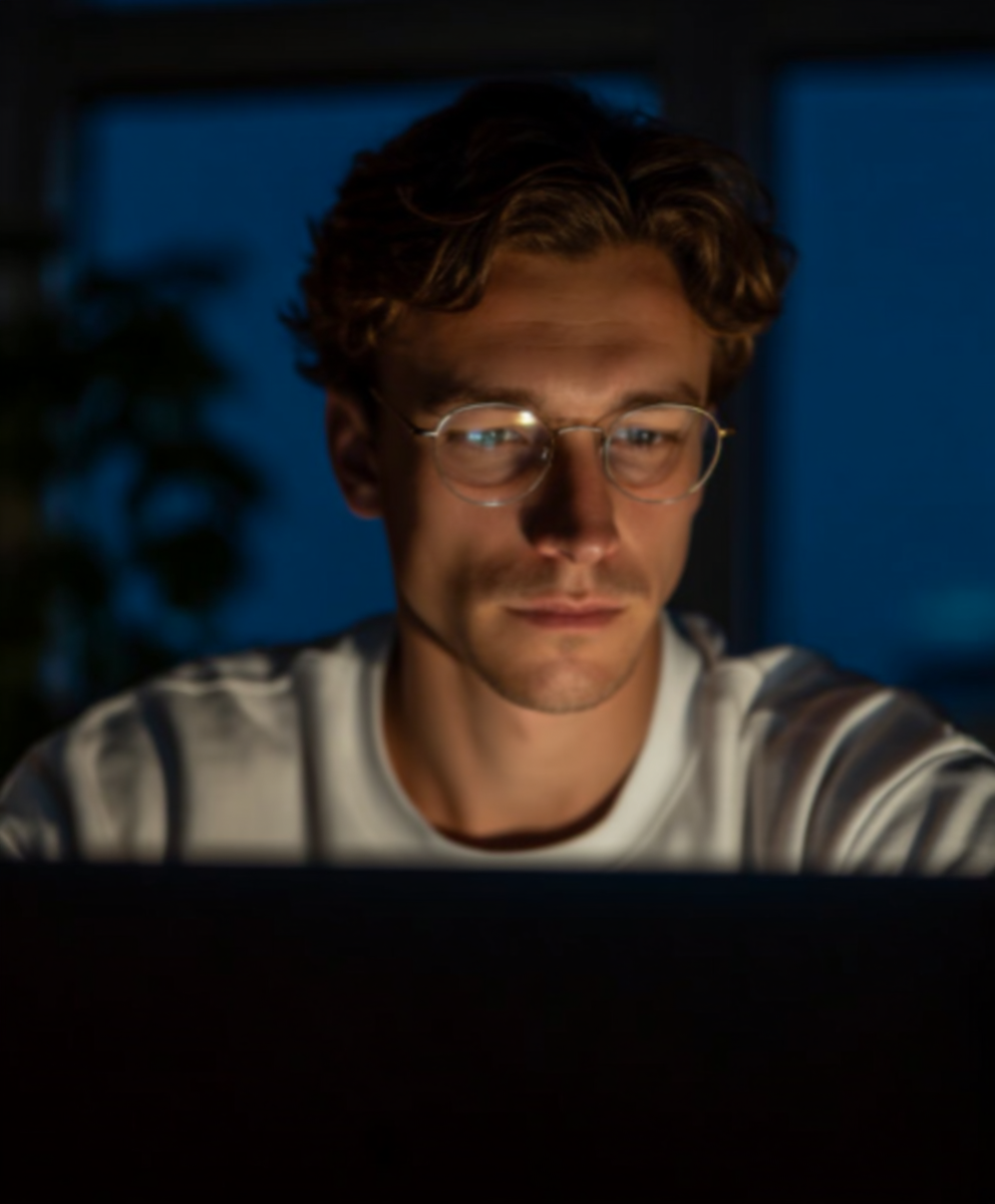 Focused young man with wavy hair and glasses illuminated by the blue light of a laptop screen.