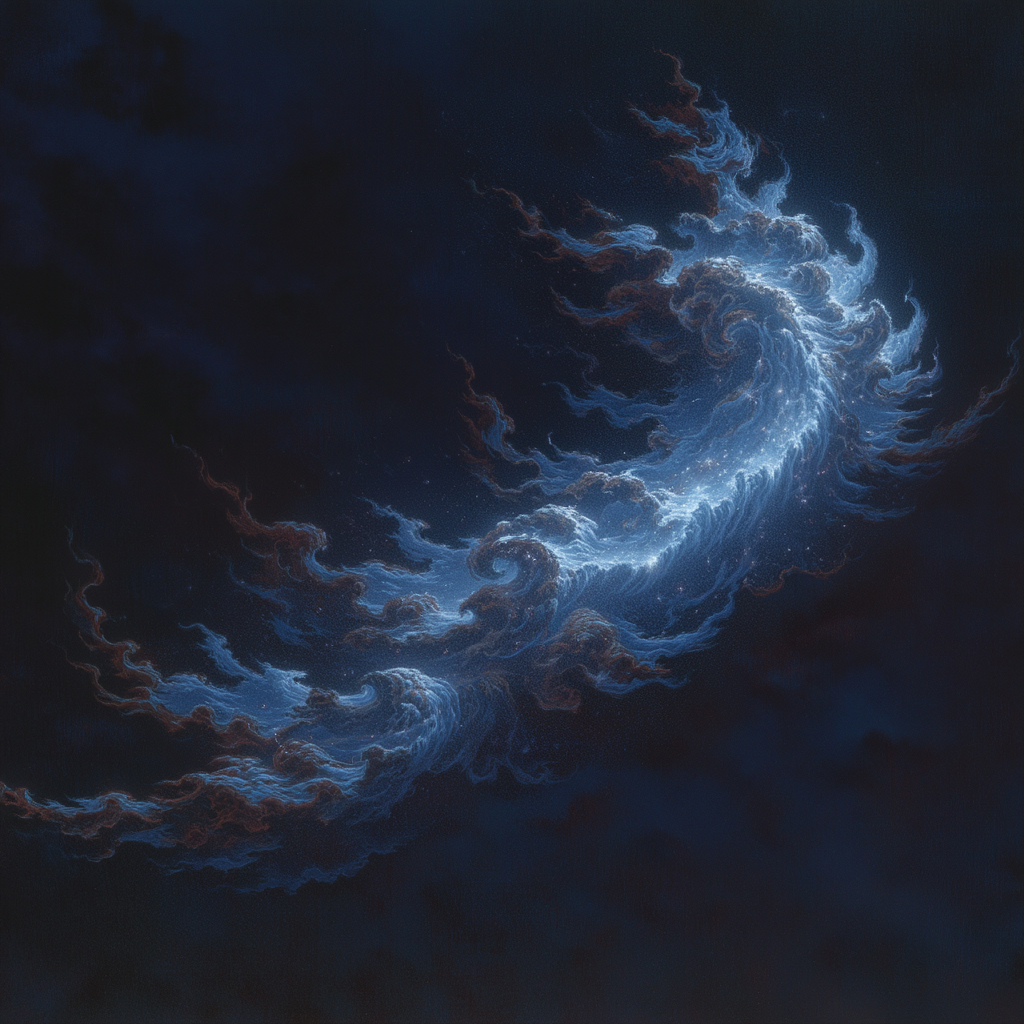Swirling luminescent blue nebula with rust-colored edges and starry speckles floating in a deep dark cosmic void.