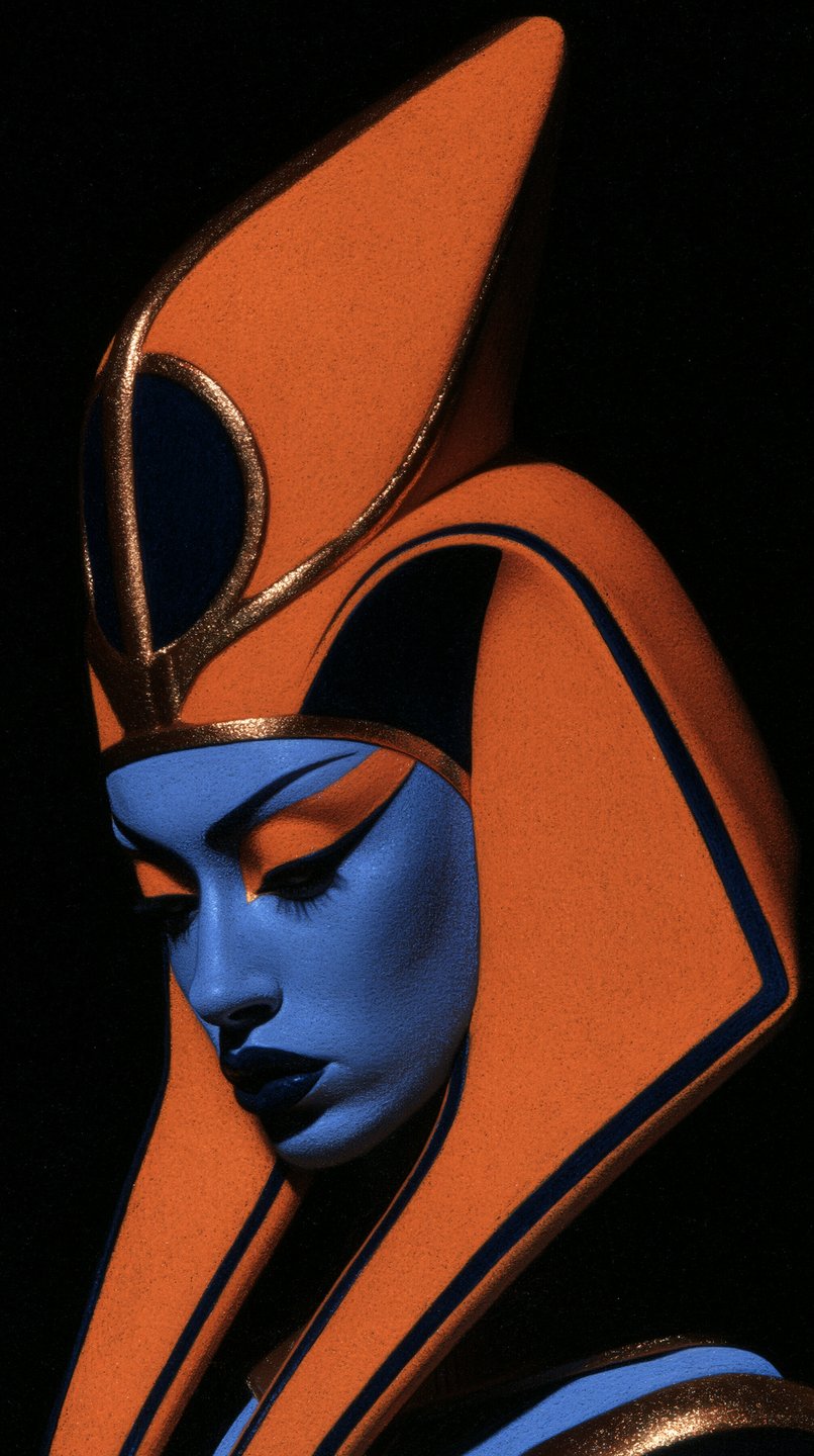 Blue-skinned female figure wearing a structured orange and gold Egyptian-style headpiece against a black background.