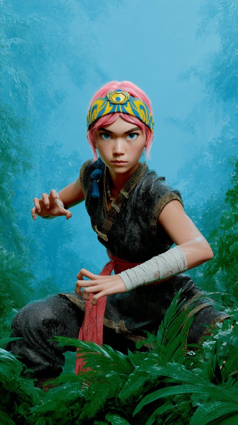 Pink-haired female warrior in a dark textured tunic and red sash, crouching in a lush jungle.
