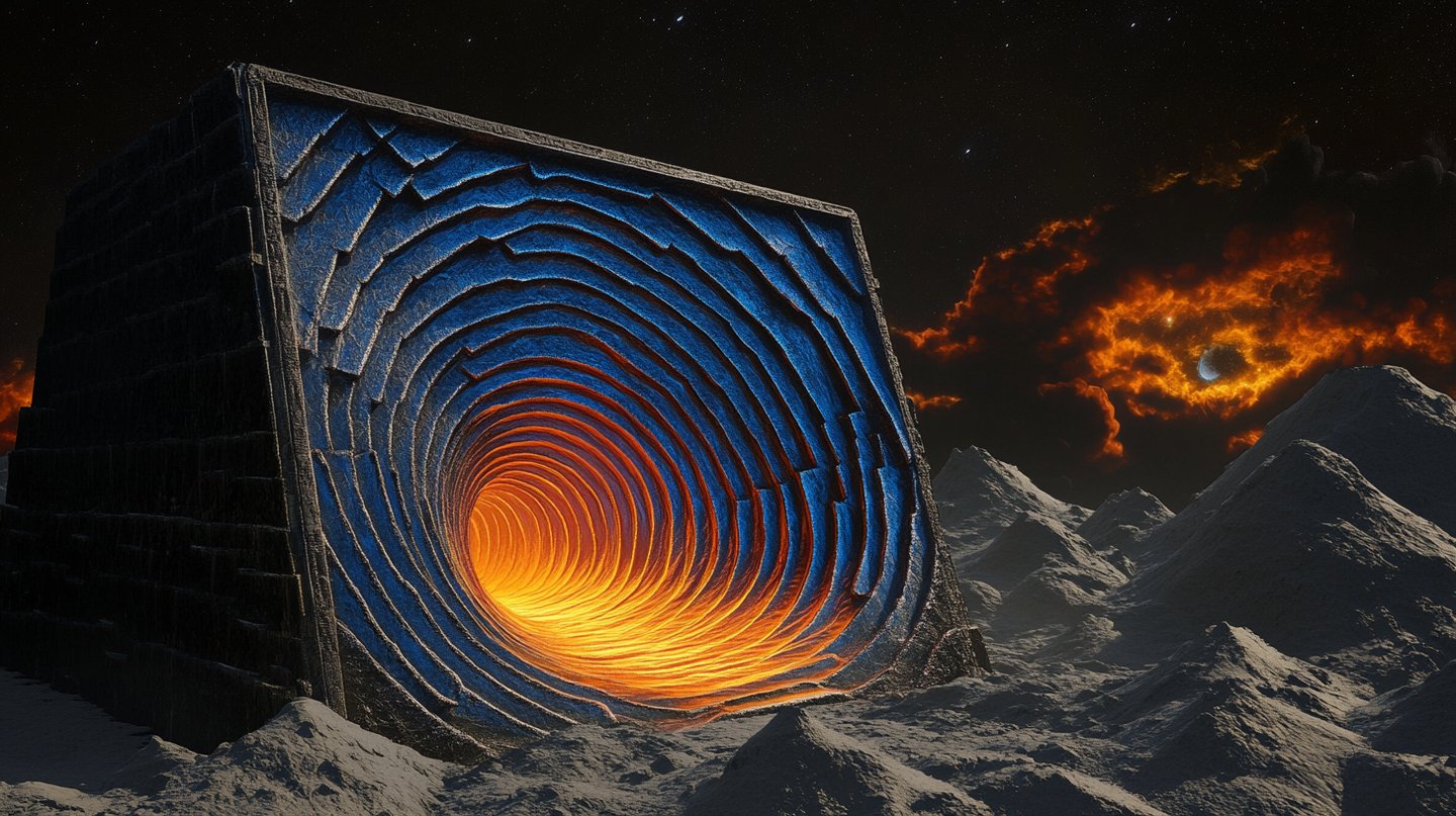 Massive stone cube with a glowing orange and blue vortex portal on a cratered moon surface.