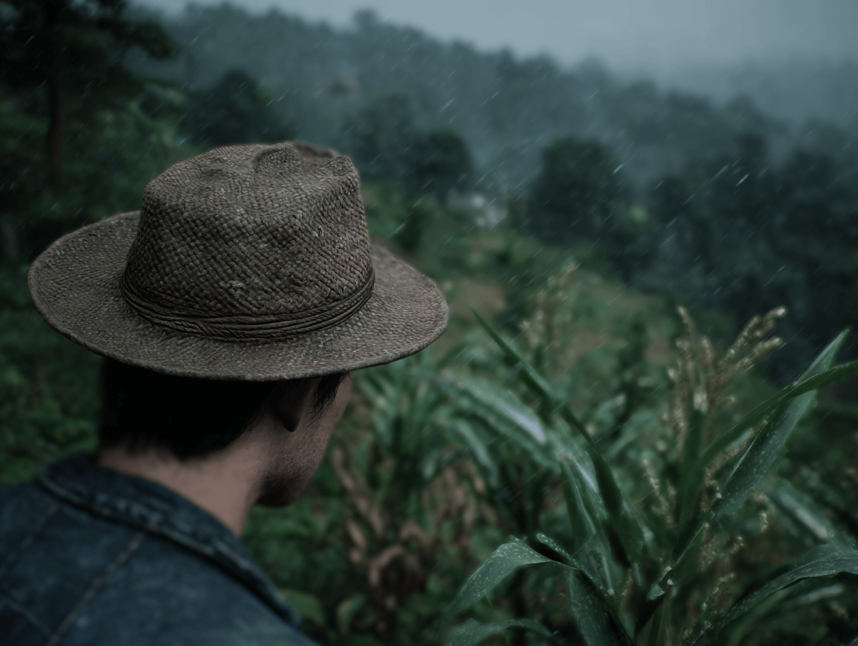 Man in a straw hat gazes at a rainy, lush green valley through corn stalks in a cinematic shot.
