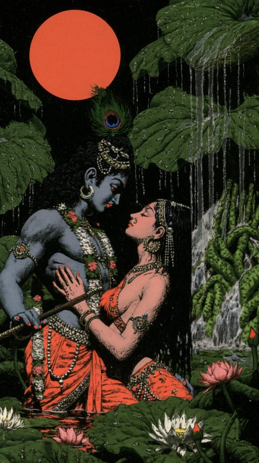 Blue-skinned Krishna and Radha embrace tenderly under a large red moon surrounded by lush green lotus leaves.