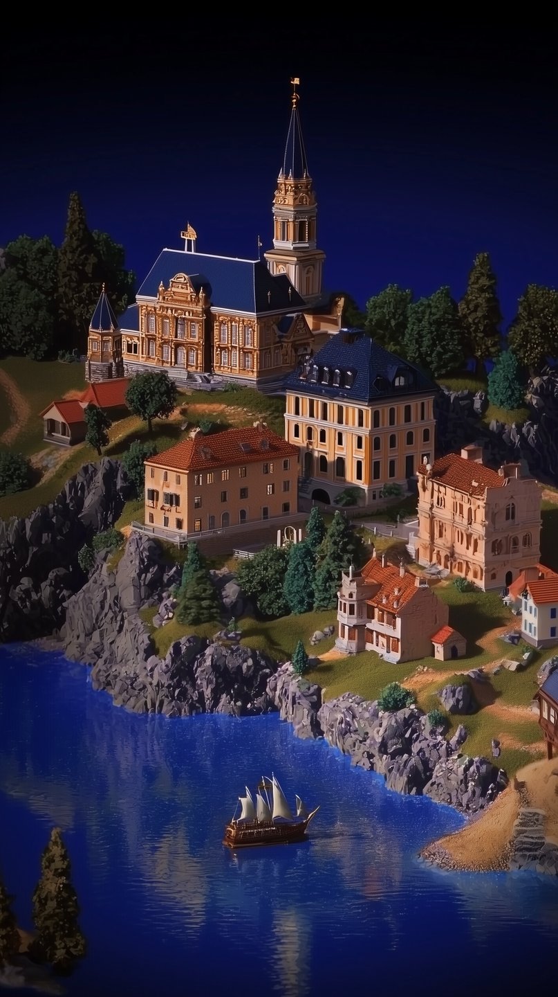 Miniature baroque estate on rocky cliffs overlooking a blue sea with a small sailing ship below.