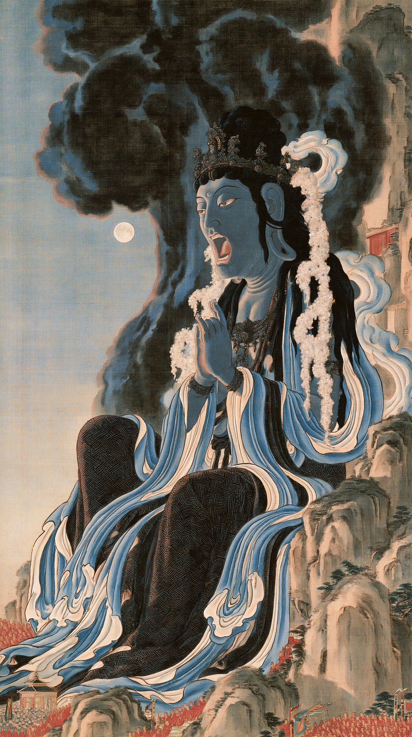 A blue-skinned Buddhist deity with an open mouth sits on a cliff under a full moon and dark clouds.
