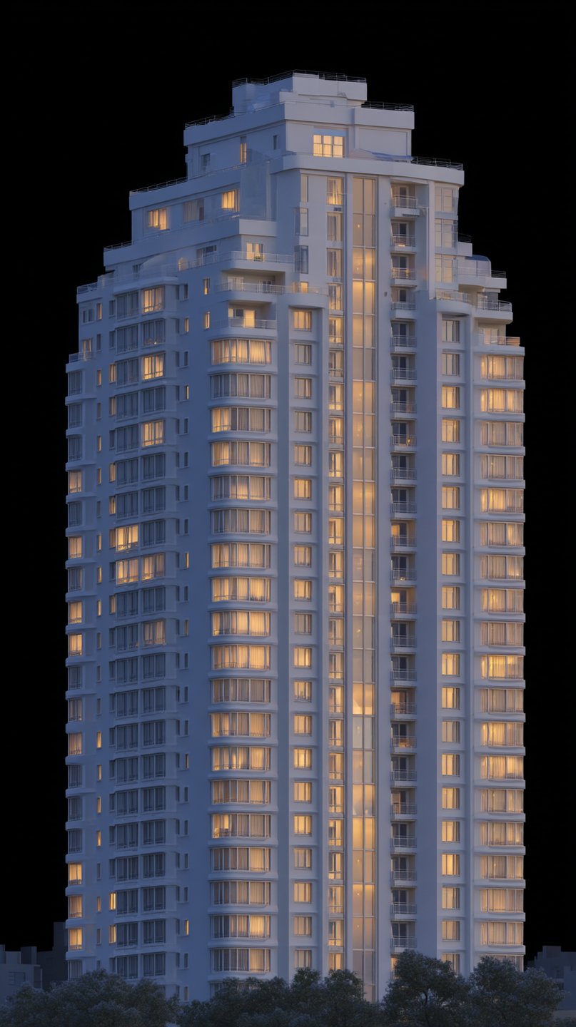 Tall white apartment building with glowing yellow windows isolated on black background with dark trees below.
