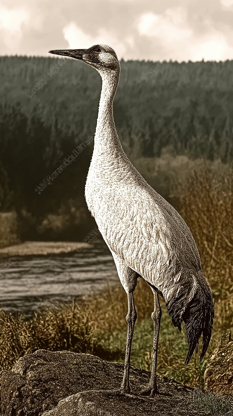 A tall crane stands alert on a rock beside a river, rendered in a high-contrast sepia etched style.