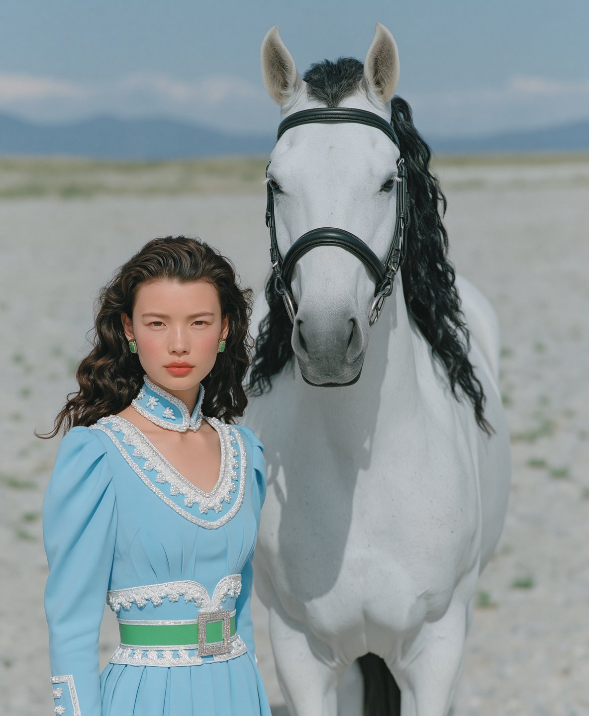 Woman in a blue embroidered dress stands beside a white horse with a black mane in a desert.