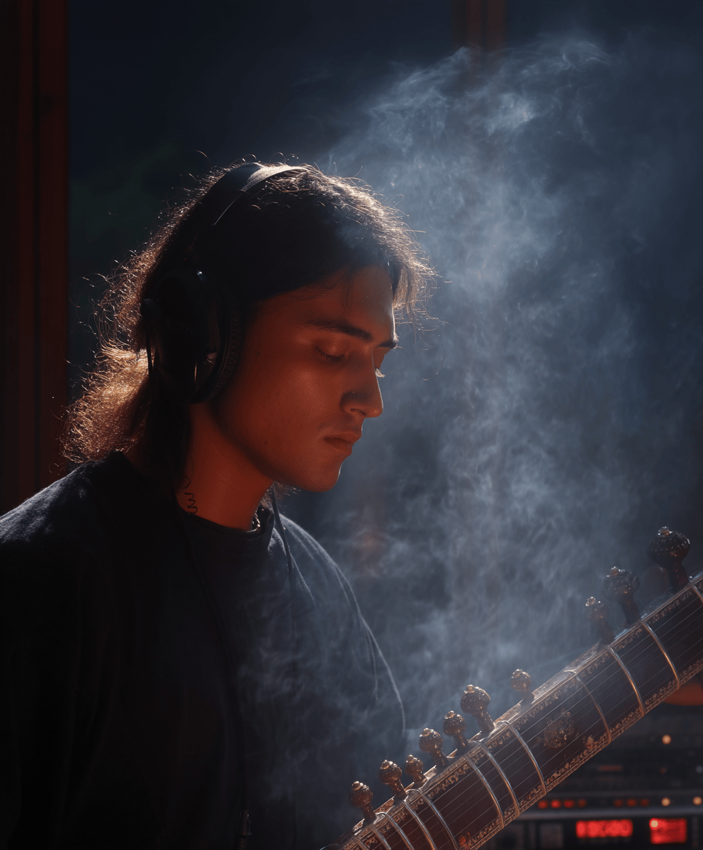 Young man with headphones playing a sitar amidst rising smoke in a dimly lit recording studio.