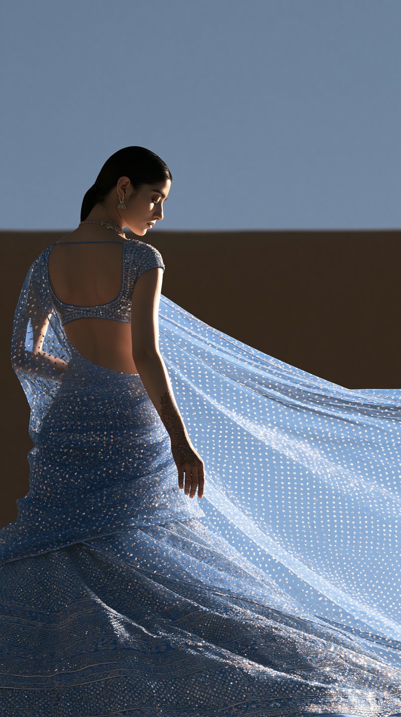A woman in a shimmering, metallic South Asian couture gown poses elegantly against a clear desert sky.