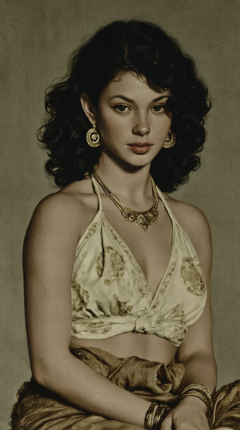 Classical portrait of a young woman with dark curly hair wearing ornate gold jewelry and a halter top.