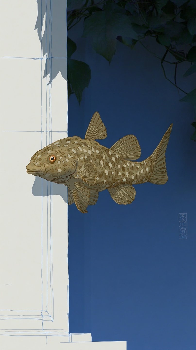 A spotted brown fish floats surrealistically between a white architectural column and a deep blue background wall.