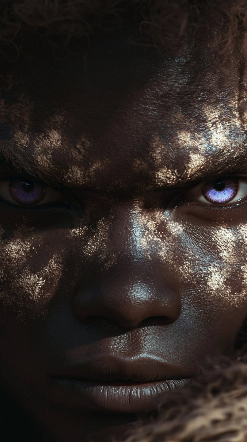 Extreme close-up of a dark-skinned man with violet eyes and gold markings staring intensely at the camera.