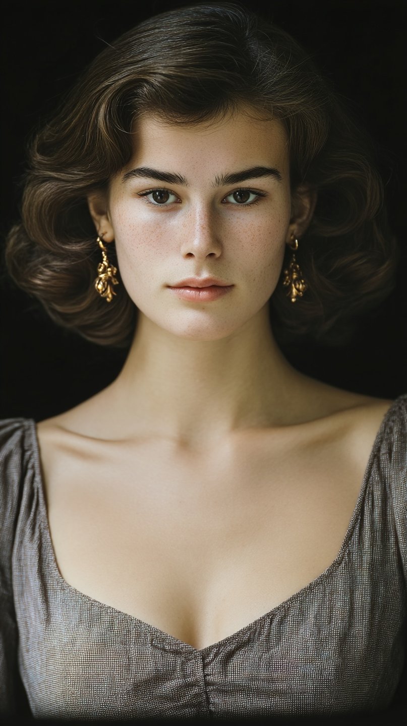 Young woman with freckles and wavy brown hair wearing gold earrings and a textured grey dress.