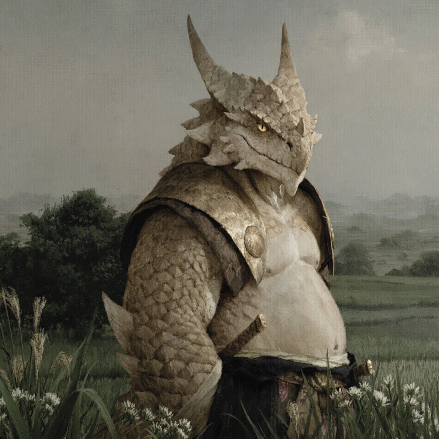 Stoic reptilian warrior in leather armor stands amidst tall grass and wildflowers under a misty sky.