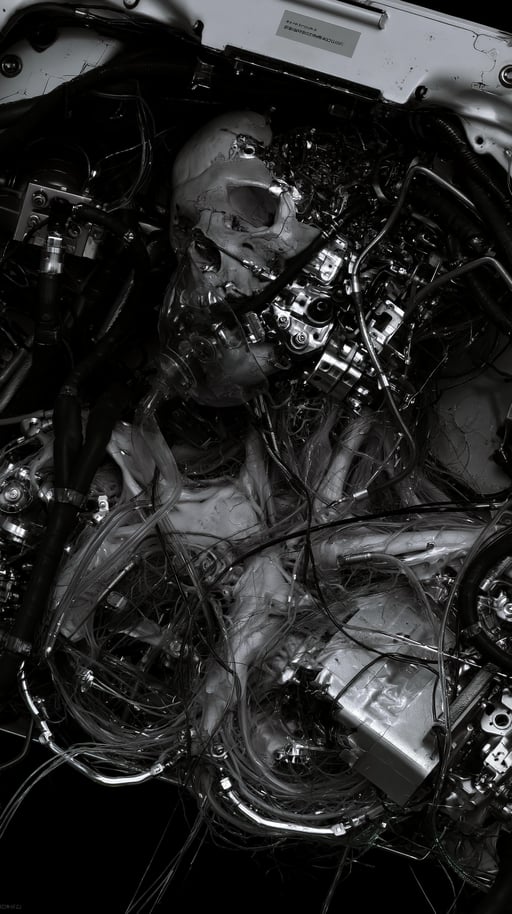 Monochrome biomechanical skull fused with dense wires, tubes, and engine components in a dark industrial setting.