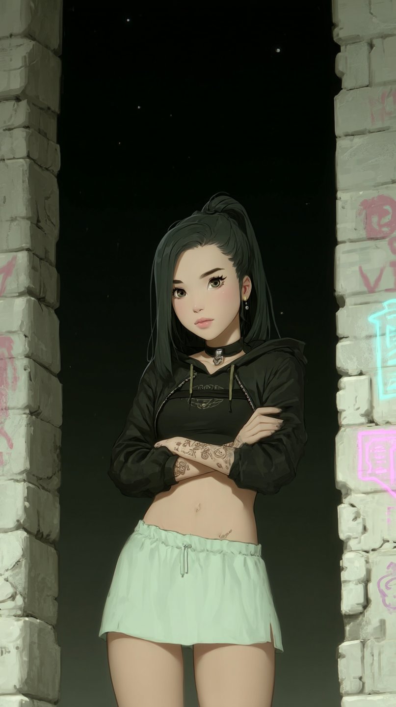 Tattooed young woman in a black cropped hoodie and mint shorts stands between stone pillars with neon.