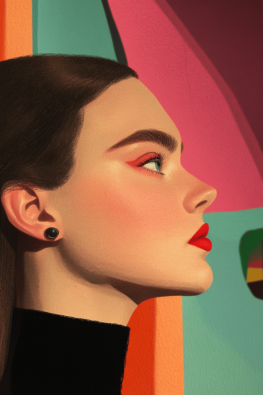 Profile of a woman with red winged eyeshadow and lipstick against a vibrant geometric abstract background.