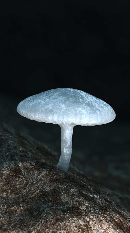 A single luminescent white mushroom grows from a dark, textured rock against a black background.