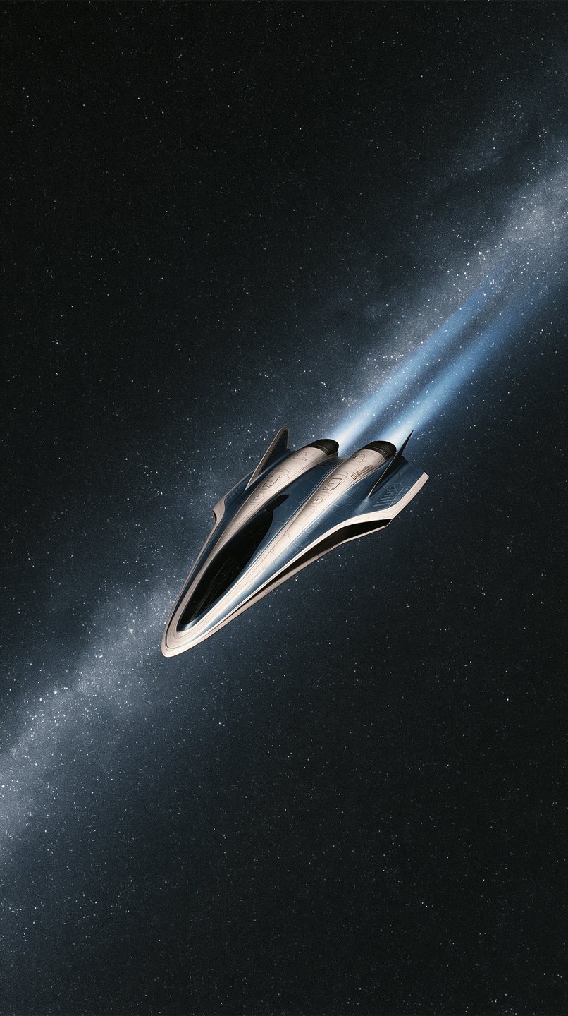 Sleek silver spacecraft soaring diagonally through deep space, emitting blue engine trails against a starry galaxy background.