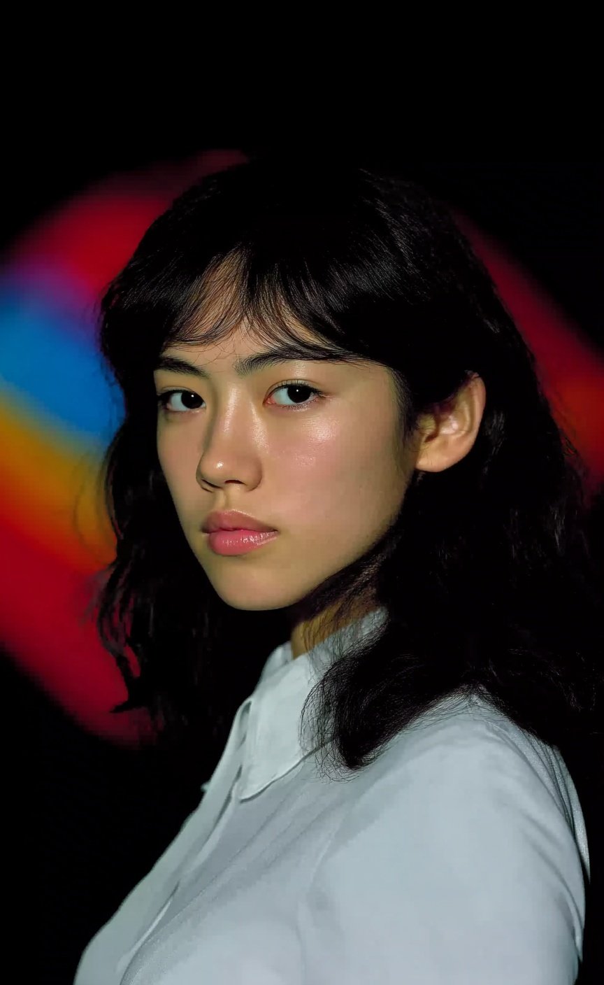 Young woman with dark hair and white shirt gazes forward against a colorful circular light background.